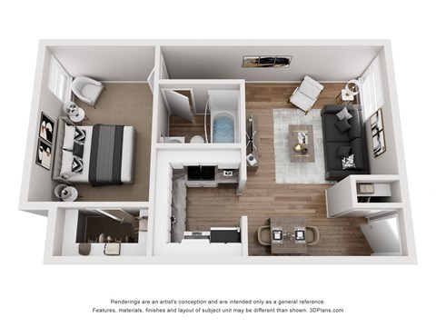 A 3D floor plan of a small apartment with a kitchen, living room, and bedroom.